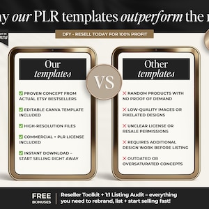 May include: A digital marketing graphic compares "Our templates" to "Other templates." The "Our templates" side lists benefits like proven concepts, editable Canva templates, high-resolution files, and commercial licenses. The "Other templates" side lists drawbacks.