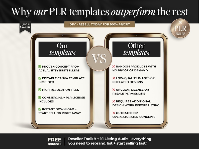 May include: A digital marketing graphic compares "Our templates" to "Other templates." The "Our templates" side lists benefits like proven concepts, editable Canva templates, high-resolution files, and commercial licenses. The "Other templates" side lists drawbacks.