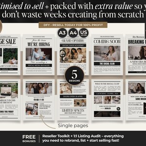 Peut inclure: Dix mod&egrave;les num&eacute;riques de style journal, avec des titres tels que &laquo;&nbsp;Grande vente&nbsp;&raquo; et &laquo;&nbsp;Nous recrutons&nbsp;&raquo;. Les mod&egrave;les sont con&ccedil;us pour la revente et incluent le texte &laquo;&nbsp;Modifier dans Canva&nbsp;&raquo;. L'image comprend &eacute;galement le texte &laquo;&nbsp;5 mod&egrave;les&nbsp;&raquo;.