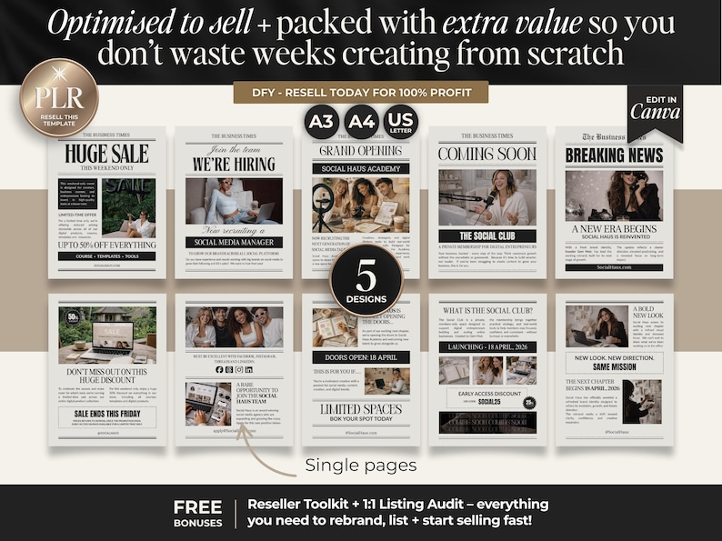 Peut inclure: Dix mod&egrave;les num&eacute;riques de style journal, avec des titres tels que &laquo;&nbsp;Grande vente&nbsp;&raquo; et &laquo;&nbsp;Nous recrutons&nbsp;&raquo;. Les mod&egrave;les sont con&ccedil;us pour la revente et incluent le texte &laquo;&nbsp;Modifier dans Canva&nbsp;&raquo;. L'image comprend &eacute;galement le texte &laquo;&nbsp;5 mod&egrave;les&nbsp;&raquo;.