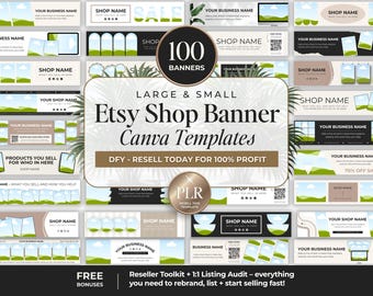 Pakiet szablonów banerów sklepowych Etsy Canva z PLR, edytowalne duże i małe szablony zdjęć na okładkę Etsy z prawami do odsprzedaży, banery sklepowe Etsy