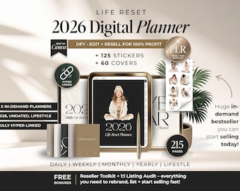 2026 Life Reset Digital Planner Hyperlinked With PLR, Aesthetic Digital Planner Bundle with Resell Rights, DFY 2026 Life Reset Planner PLR