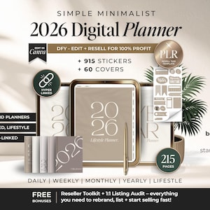 2026 Simple Digital Planner With PLR Hyperlinked, PLR Minimalist Digital Planner Bundle with Resell Rights, DFY 2026 Planner to Sell on Etsy