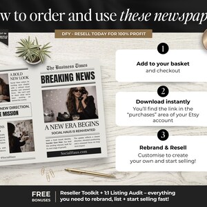 Peut inclure: Image pr&eacute;sentant des instructions pour commander et utiliser des journaux. Les &eacute;tapes incluent l'ajout au panier, le t&eacute;l&eacute;chargement instantan&eacute; et la modification de la marque pour la revente. Le journal affiche le titre "Breaking News".