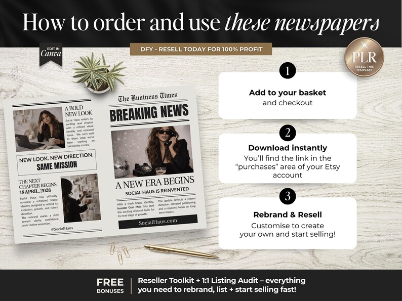 Peut inclure: Image pr&eacute;sentant des instructions pour commander et utiliser des journaux. Les &eacute;tapes incluent l'ajout au panier, le t&eacute;l&eacute;chargement instantan&eacute; et la modification de la marque pour la revente. Le journal affiche le titre "Breaking News".