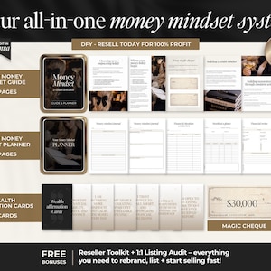 K&ouml;nnte beinhalten: Ein digitales Produktpaket mit dem Titel Your all-in-one money mindset system, bestehend aus einem 70-seitigen Leitfaden, einem 50-seitigen Planer, 40 Reichtums-Affirmationskarten und einer Vorlage f&uuml;r einen magischen Scheck zur Bearbeitung in Canva.