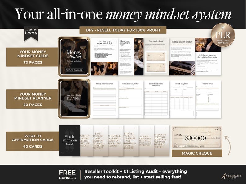K&ouml;nnte beinhalten: Ein digitales Produktpaket mit dem Titel Your all-in-one money mindset system, bestehend aus einem 70-seitigen Leitfaden, einem 50-seitigen Planer, 40 Reichtums-Affirmationskarten und einer Vorlage f&uuml;r einen magischen Scheck zur Bearbeitung in Canva.