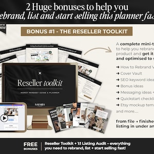 K&ouml;nnte beinhalten: Eine digitale Marketing-Ressource mit dem Titel Reseller Toolkit, bestehend aus einem Computermonitor mit dem Titel, umgeben von verschiedenen Dokumentvorlagen, einem Tablet mit Videooberfl&auml;che und einer Liste von Tools wie SEO-Keyword-Ideen.