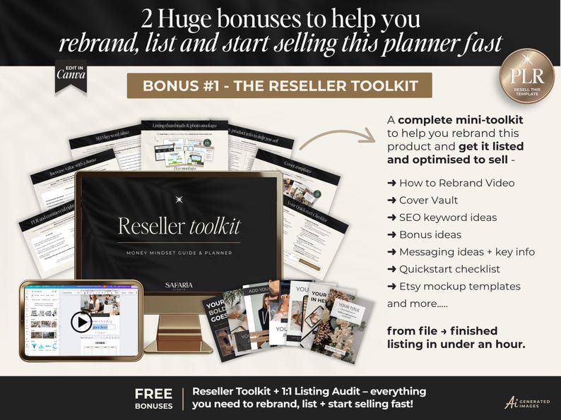 K&ouml;nnte beinhalten: Eine digitale Marketing-Ressource mit dem Titel Reseller Toolkit, bestehend aus einem Computermonitor mit dem Titel, umgeben von verschiedenen Dokumentvorlagen, einem Tablet mit Videooberfl&auml;che und einer Liste von Tools wie SEO-Keyword-Ideen.