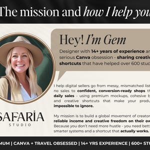 Może przedstawiać: Grafika promocyjna z uśmiechniętą kobietą w kapeluszu i marynarce. Tekst zawiera "Hey! I'm Gem", "Safaria Studio" oraz szczeg&oacute;ły dotyczące doświadczenia w projektowaniu i pomocy sprzedawcom cyfrowym. Grafika promuje kreatywne skr&oacute;ty.