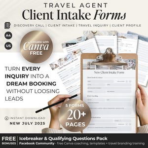 Travel Agent Client Intake Form + Travel Inquiry Editable Canva Templates, Travel Agent Forms for New Clients, Travel Agent business Forms