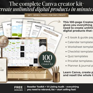 May include: A gold laptop displays a 100-page Canva Creator Kit with templates for ebooks, calendars, and more. The image includes a tablet, documents, and text: "create unlimited digital products in minutes."