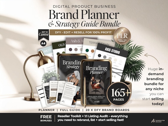 PLR Branding Planner & Strategy Guide Bundle For Digital Product Business, DFY Brand Building Kit, Editable Canva Brand Workbook and Guide