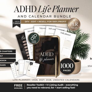 Puede incluir: Paquete de Planificador de Vida y Calendario TDAH con capítulos hipervinculados, diseño apto para TDAH y estilo minimalista. Incluye más de 3 años de calendarios y 1000 páginas. Edita en Canva y revende con un 100% de beneficio.