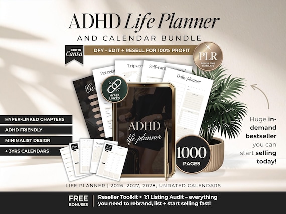 ADHD Life Planner and Calendar Mega Bundle With PLR, Dfy ADHD digital and Printable Planner With Resell Rights, Life Planner To Sell on Etsy