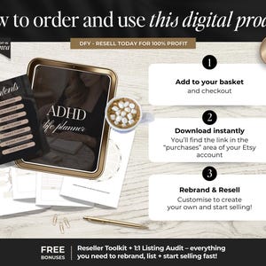 May include: An image detailing the steps to order and use a digital product. It includes a planner titled "ADHD life planner" and a "Contents" page. The steps are: add to basket, download instantly, and rebrand & resell. The image also includes the text "DFY - RESELL TODAY FOR 100% PROFIT."