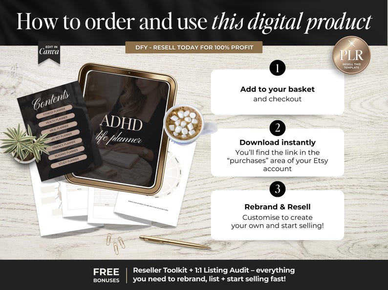 May include: An image detailing the steps to order and use a digital product. It includes a planner titled "ADHD life planner" and a "Contents" page. The steps are: add to basket, download instantly, and rebrand & resell. The image also includes the text "DFY - RESELL TODAY FOR 100% PROFIT."