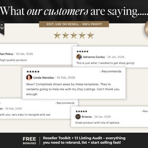 May include: A digital graphic display titled What our customers are saying featuring five-star reviews from Oguzhan Pekuz, Adrianne Conley, Linda Henslee, Karen, and Brianna. Includes badges for Edit in Canva, PLR Resell This Template, and Free Bonuses.
