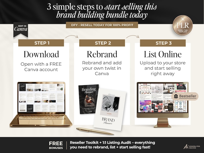 May include: A digital marketing bundle infographic titled 3 simple steps to start selling this brand building bundle today. It features a laptop, a computer monitor, and two planners, with text detailing steps to download, rebrand, and list online.