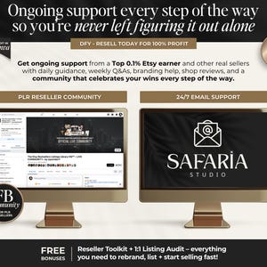 K&ouml;nnte beinhalten: Eine digitale Grafik mit zwei Computermonitoren, die Business-Support-Dienste zeigen. Der Text umfasst Ongoing support every step of the way, PLR Reseller Community, 24/7 Email Support, Safaria Studio und Free Bonuses: Reseller Toolkit + 1:1 Listing Audit.