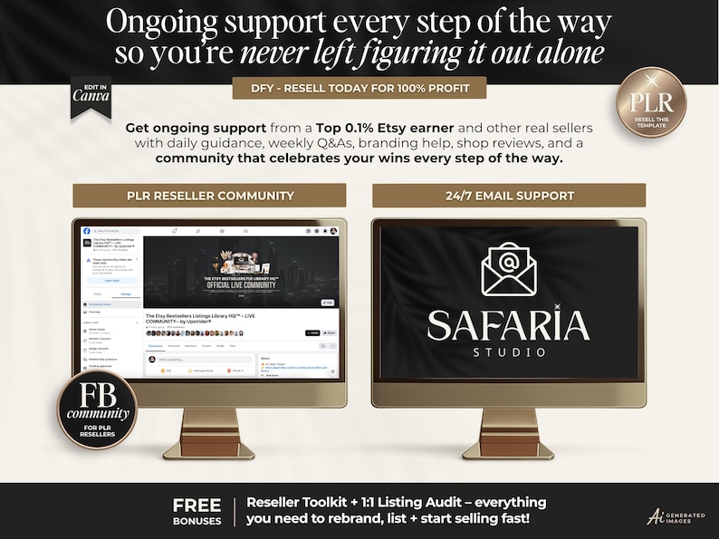 K&ouml;nnte beinhalten: Eine digitale Grafik mit zwei Computermonitoren, die Business-Support-Dienste zeigen. Der Text umfasst Ongoing support every step of the way, PLR Reseller Community, 24/7 Email Support, Safaria Studio und Free Bonuses: Reseller Toolkit + 1:1 Listing Audit.