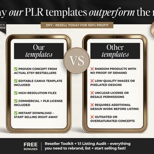K&ouml;nnte beinhalten: Eine Vergleichsgrafik mit dem Titel Why our PLR templates outperform the rest. Zwei goldgerahmte Tablets zeigen Listen: Our templates mit f&uuml;nf gr&uuml;nen H&auml;kchen und Other templates mit f&uuml;nf roten Kreuzen. Enth&auml;lt Text zu Canva und PLR.