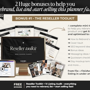 May include: An image promoting a reseller toolkit for ADHD cleaning planners. The image features a computer monitor, tablet, and several documents. Text includes "Reseller toolkit" and "ADHD Cleaning Planner."