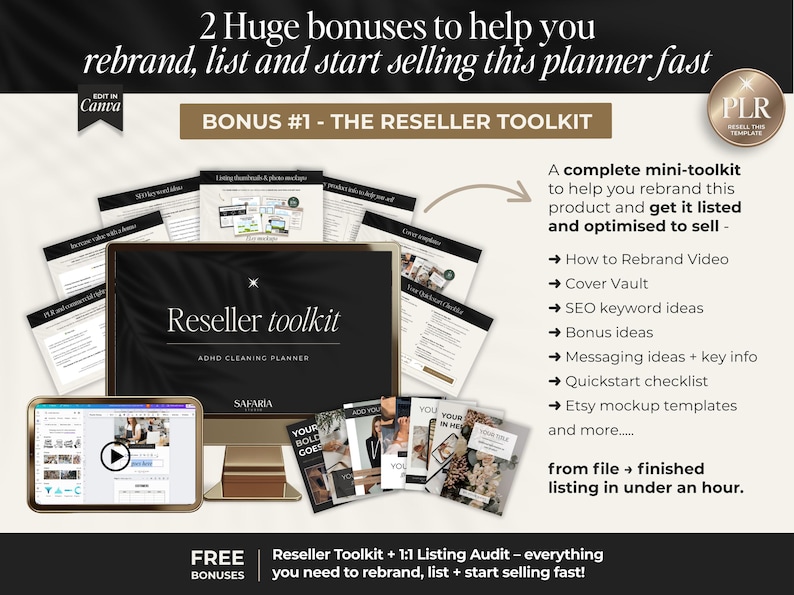 May include: An image promoting a reseller toolkit for ADHD cleaning planners. The image features a computer monitor, tablet, and several documents. Text includes "Reseller toolkit" and "ADHD Cleaning Planner."
