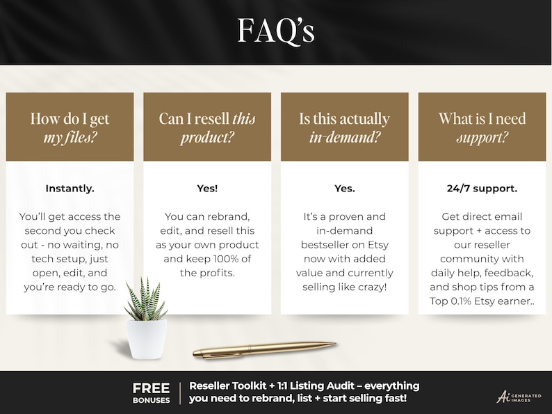 K&ouml;nnte beinhalten: Eine FAQ-Infografik mit vier Spalten, braunen Kopfzeilen und wei&szlig;em Text. Die Fragen betreffen Dateizugriff, Wiederverkauf, Nachfrage und Support. Eine kleine Sukkulente und ein goldener Stift befinden sich unterhalb der Textspalten.