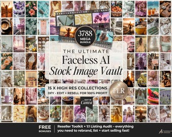 Faceless AI Stock Image Vault With PLR, Stock Photo Mega Bundle With Resell Rights, DFY Aesthetic Stock Images To Sell On Etsy, Stock Images