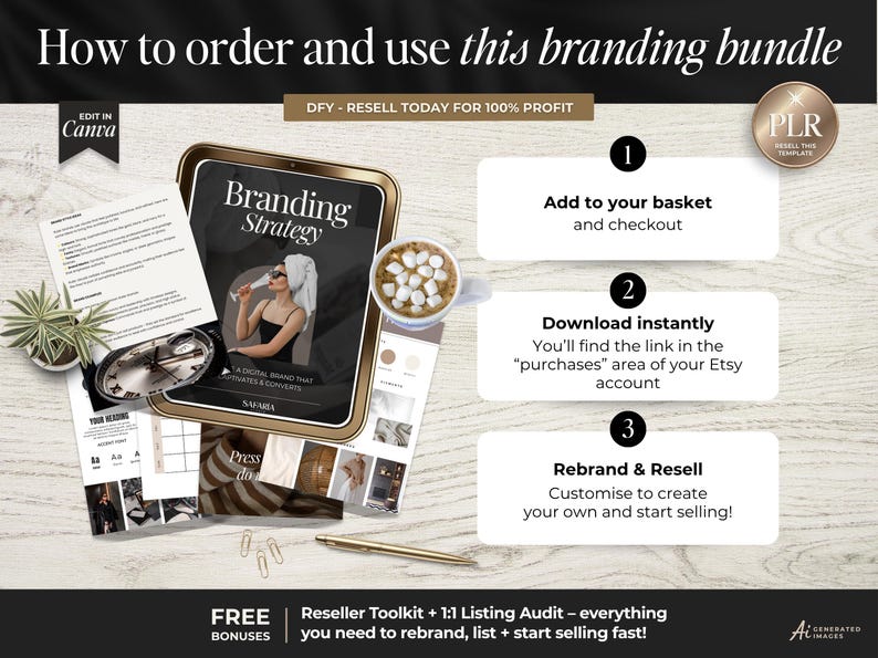 May include: A digital branding bundle infographic titled How to order and use this branding bundle. It features a tablet displaying a Branding Strategy guide, a cup of coffee with marshmallows, a pen, and a three-step guide to purchase, download, and resell.