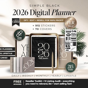 Planejador Digital Simples e Preto 2026 com Hiperlinks e Direitos de Revenda (PLR), Pacote de Planejador Digital Minimalista Pronto para Uso com Direitos de Revenda, Planejador Digital PLR 2026