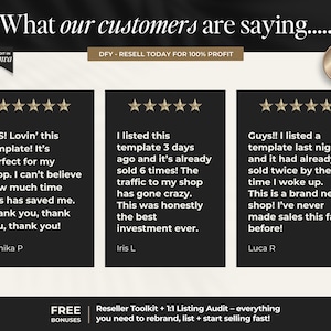 May include: A promotional graphic with customer testimonials. The image features three black rectangles with white text and gold star ratings. The text includes positive feedback about a template and its impact on sales.