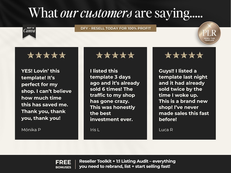 May include: A promotional graphic with customer testimonials. The image features three black rectangles with white text and gold star ratings. The text includes positive feedback about a template and its impact on sales.