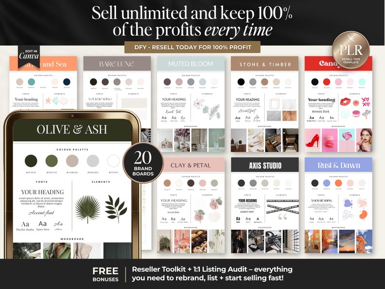 May include: A digital product display featuring 20 brand boards with various color palettes and design elements. A smartphone displays an "Olive & Ash" brand board. Text includes "Sell unlimited and keep 100% of the profits every time" and "Reseller Toolkit".