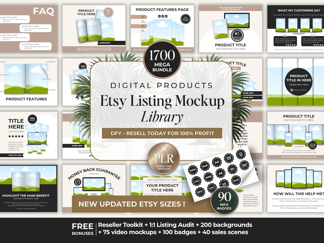 Etsy Listing Mockup Template Library for Digital Products + PLR, Editable Canva Mockups Fo