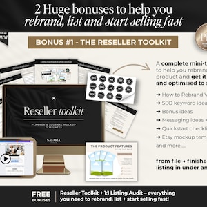 Może przedstawiać: Obraz promujący zestaw narzędzi dla reseller&oacute;w z tekstem "Reseller toolkit" na ekranie komputera. Obraz zawiera tekst "2 Huge bonuses to help you rebrand, list and start selling fast" oraz "A complete mini-toolkit to help you rebrand this product and get it listed and optimised to sell".