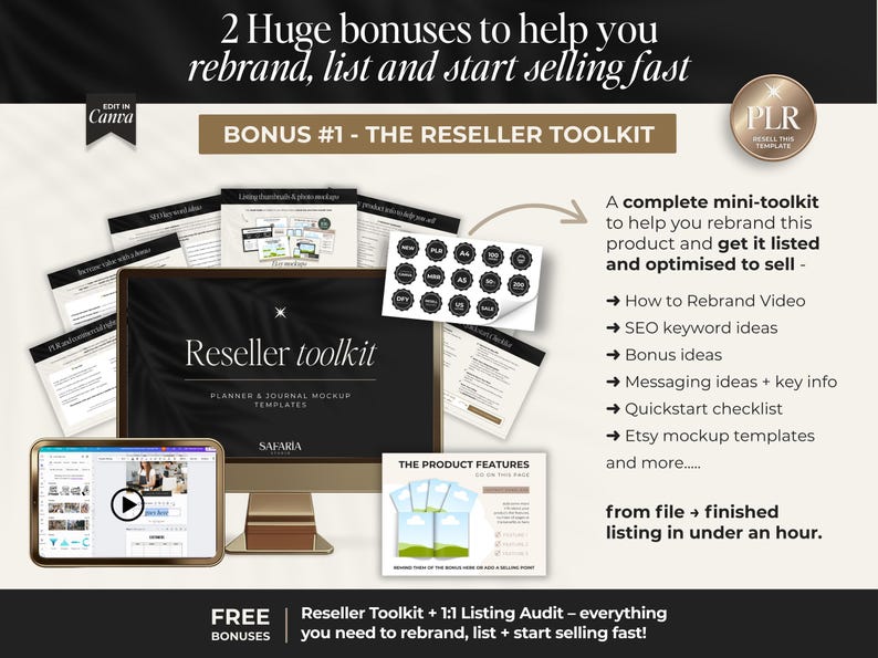 Może przedstawiać: Obraz promujący zestaw narzędzi dla reseller&oacute;w z tekstem "Reseller toolkit" na ekranie komputera. Obraz zawiera tekst "2 Huge bonuses to help you rebrand, list and start selling fast" oraz "A complete mini-toolkit to help you rebrand this product and get it listed and optimised to sell".