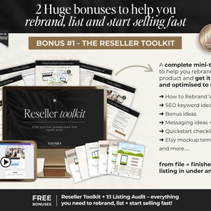K&ouml;nnte beinhalten: Digitales Marketing-Toolkit mit dem Text "Reseller toolkit" und "Etsy Digital Download PDF Templates". Das Bild enth&auml;lt ein Tablet, Dokumente und den Text "2 Huge bonuses to help you rebrand, list and start selling fast".