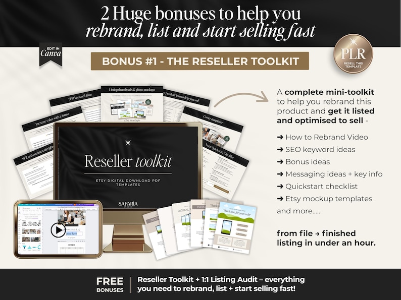 K&ouml;nnte beinhalten: Digitales Marketing-Toolkit mit dem Text "Reseller toolkit" und "Etsy Digital Download PDF Templates". Das Bild enth&auml;lt ein Tablet, Dokumente und den Text "2 Huge bonuses to help you rebrand, list and start selling fast".