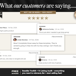 May include: Graphic showcasing customer testimonials with five-star ratings. Text includes "What our customers are saying..." and "EDIT, USE OR RESELL - 100% PROFIT." Additional text mentions Etsy listings and a reseller toolkit.