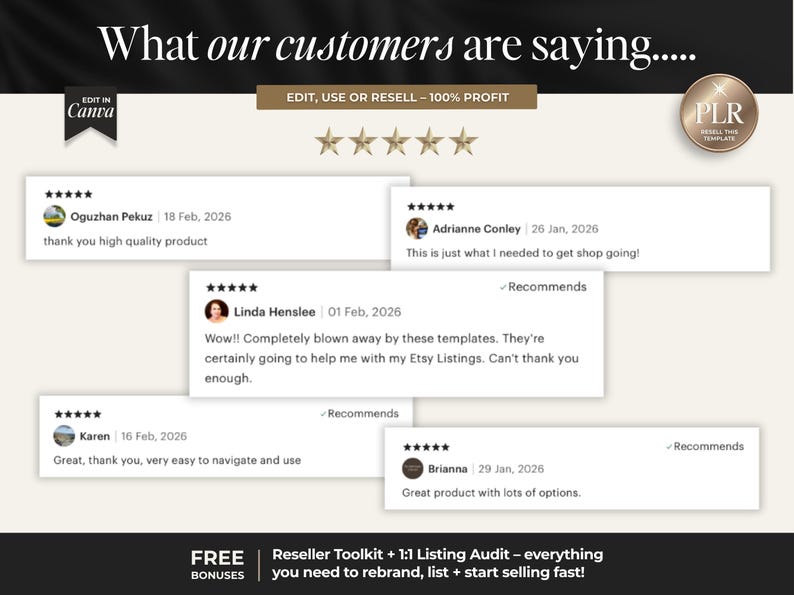 May include: Graphic showcasing customer testimonials with five-star ratings. Text includes "What our customers are saying..." and "EDIT, USE OR RESELL - 100% PROFIT." Additional text mentions Etsy listings and a reseller toolkit.