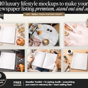 Peut inclure: Image promotionnelle pr&eacute;sentant 10 maquettes de style de vie de luxe pour les annonces de journaux. L'image comprend diverses sc&egrave;nes de style de vie avec des pages de journaux vierges, du caf&eacute;, des croissants et d'autres accessoires. Le texte comprend "10 luxe lifestyle mockups".