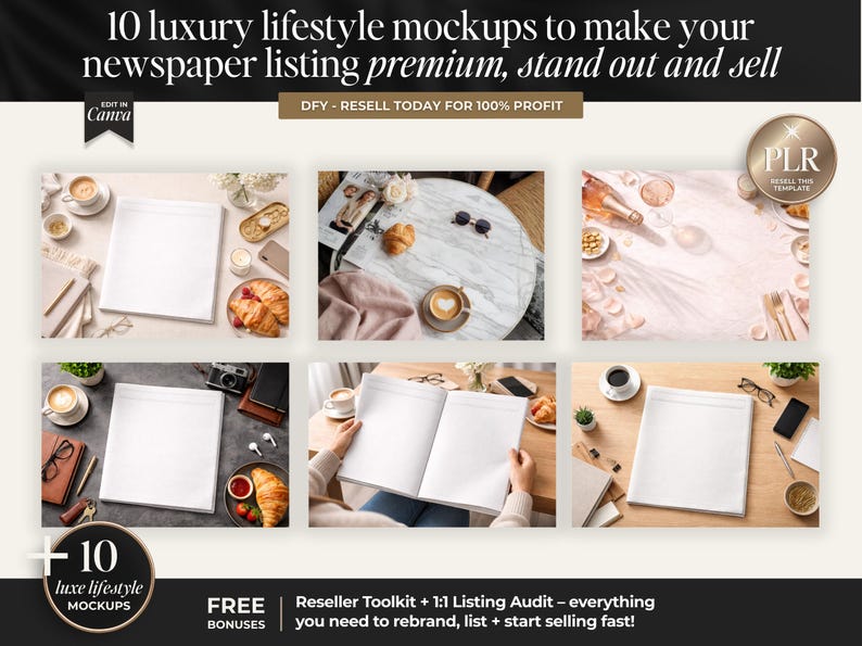 Peut inclure: Image promotionnelle pr&eacute;sentant 10 maquettes de style de vie de luxe pour les annonces de journaux. L'image comprend diverses sc&egrave;nes de style de vie avec des pages de journaux vierges, du caf&eacute;, des croissants et d'autres accessoires. Le texte comprend "10 luxe lifestyle mockups".