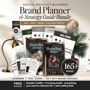 May include: A digital product bundle titled "Brand Planner & Strategy Guide Bundle" with the text "Edit in Canva" and "Resell for 100% Profit." The image includes a gold desk lamp, a plant, and several digital documents. The bundle contains 165+ pages.