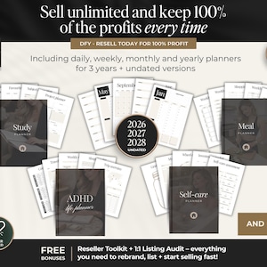 May include: An advertisement for digital planners. The image features various planner covers, including "Study," "Meal," "ADHD Life Planner," and "Self-care Planner." The text promotes reselling with 100% profit and includes undated versions for 3 years.