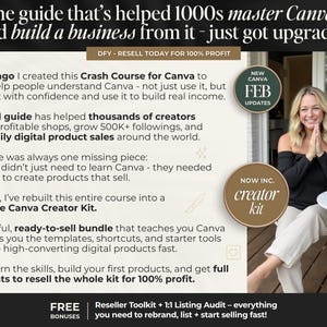 May include: Image of a Canva Creator Kit advertisement. The text reads "The guide that's helped 1000s master Canva - and build a business from it - just got upgraded." A woman is seated at a table with a laptop. The ad includes text about a Canva course.