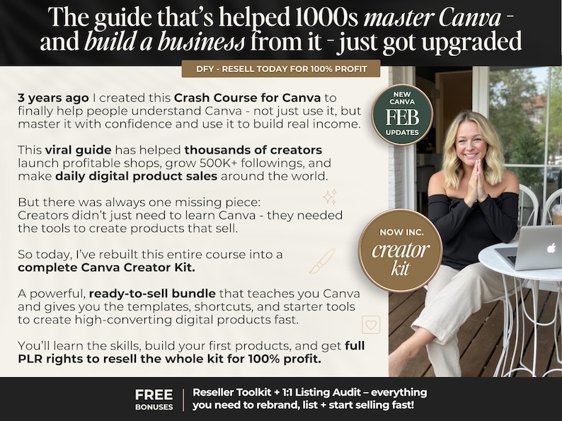 May include: Image of a Canva Creator Kit advertisement. The text reads "The guide that's helped 1000s master Canva - and build a business from it - just got upgraded." A woman is seated at a table with a laptop. The ad includes text about a Canva course.