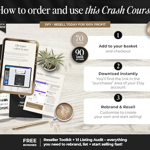 May include: An image with the text "How to order and use this Crash Course." It shows a tablet, documents, a coffee cup, and a pen. The text includes "70 pages" and "90 mins of video."