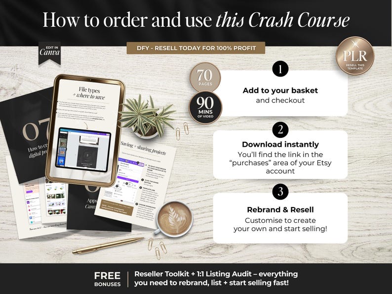 May include: An image with the text "How to order and use this Crash Course." It shows a tablet, documents, a coffee cup, and a pen. The text includes "70 pages" and "90 mins of video."